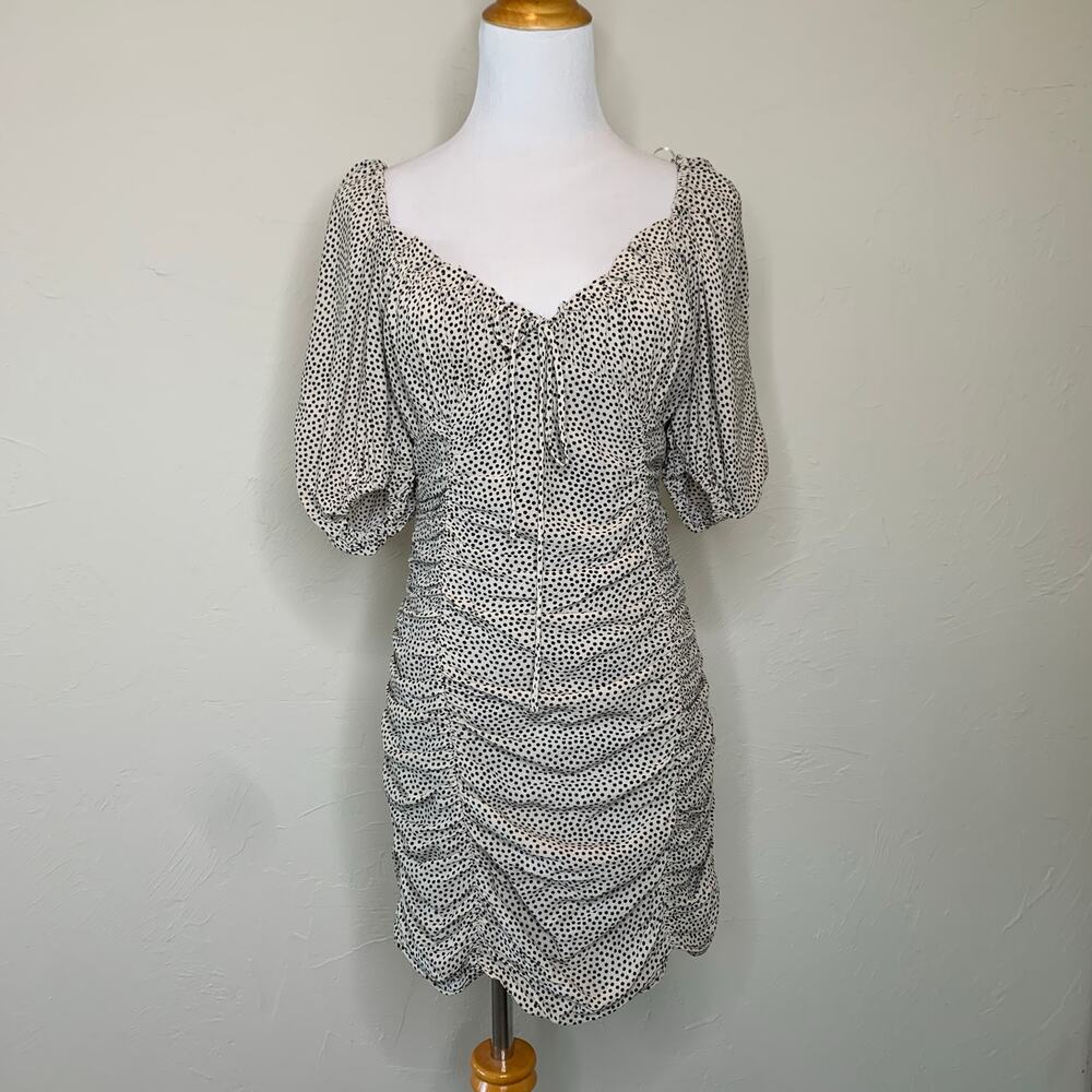 Zara Puff Sleeve Ruched Body Con Dress Mini Polka Dot Sz Small